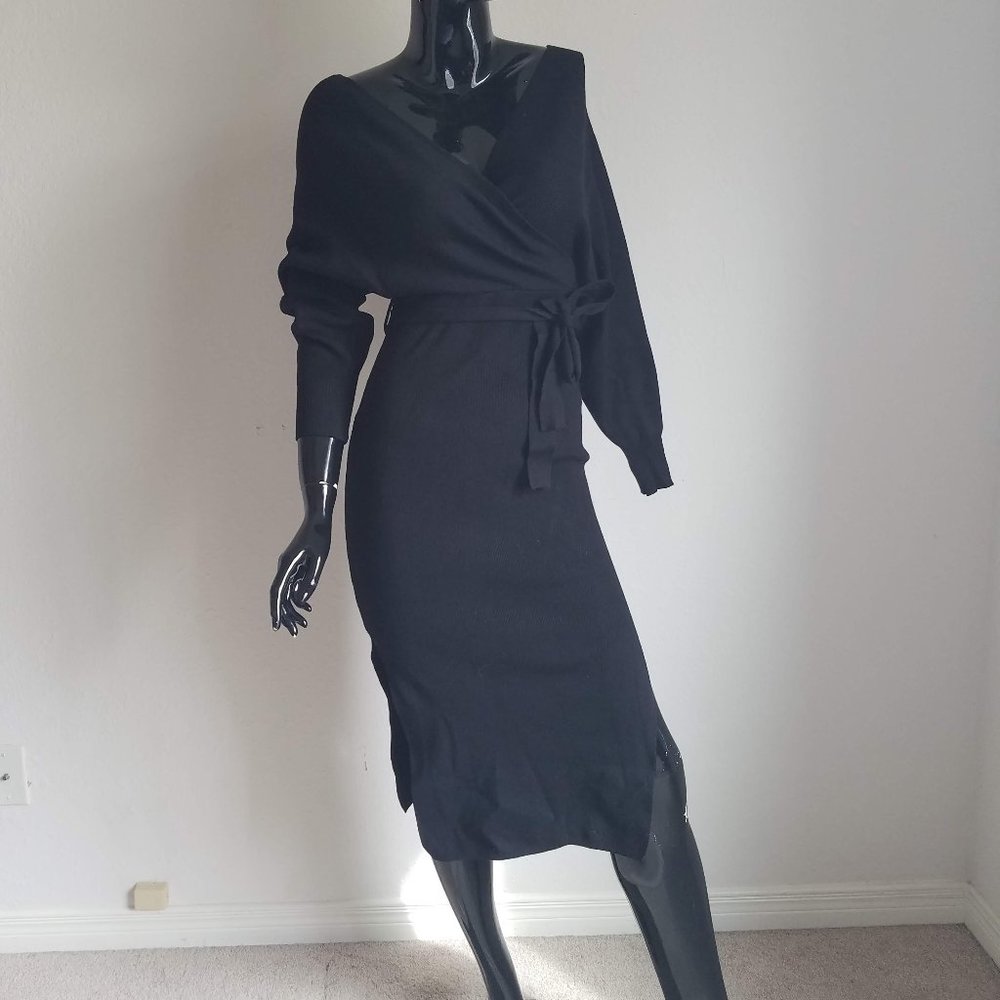 NWT Black Ribbed Knit Belted Surplice Sweater Dress
